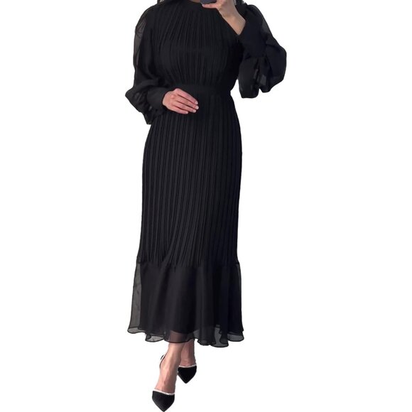 Women's Black Pleated Maxi Dress Polyester Chiffon High Waist Belted Evening - Picture 1 of 5